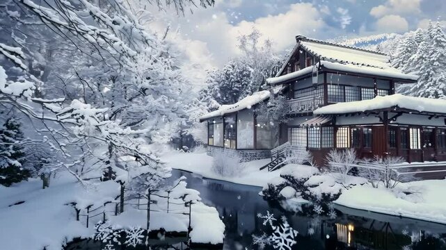 冬天楼阁日式下雪古风雪景