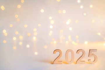 New Year bright color card with 2025 year indication, with New Year tree beads, Christmas decorations, sparkles and joy and glowing garland