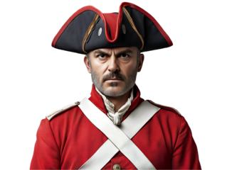 front view of a british redcoat soldier from the 18th century in historical military uniform with tricorne hat, serious expression, and traditional red jacket for historical reenactments or period dra