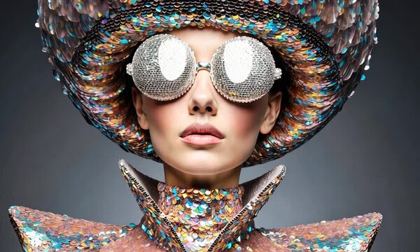 A stunning display of avant-garde fashion features a model in vibrant sequins and unique sunglasses, showcasing creativity and boldness at a 2023 art event
