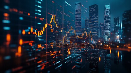 A digital background featuring financial charts and graphs, representing stock market data orhibocha grid with glowing light effects on the right side of composition