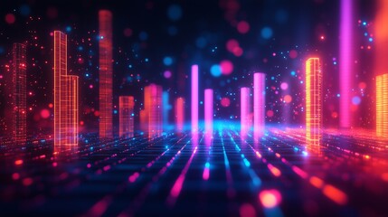 Digital background featuring colorful bar graph and line chart, glowing light effects on a dark backdrop, financial graphs with neon accents