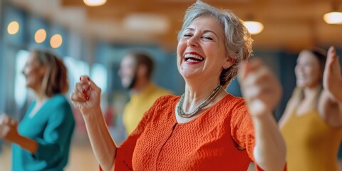 Smiling senior woman dancing laughing applause clapping.