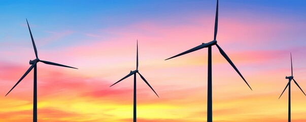 Fototapeta premium Serene wind farm at dusk, expansive sky perfect for text overlay and creative projects.