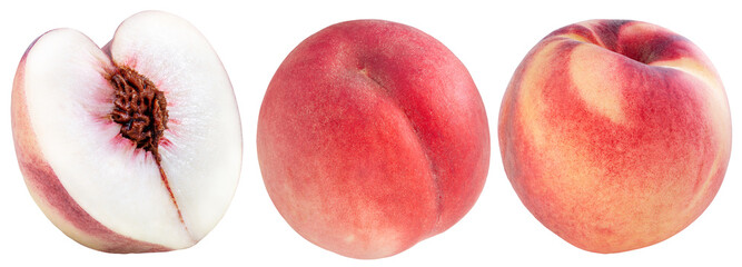Hakuho pink Peach on white background, Peach premium fruit isolate on white PNG File.