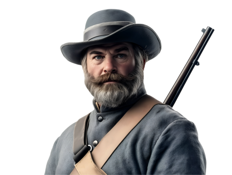 front view of a confederate soldier from the american civil war era in traditional military uniform with rifle and wide-brimmed hat, detailed bearded portrait perfect for historical reenactment and wa