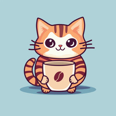Cute Cat with cup of cofee vector illustration. Cute red kitten holding coffee glass in his paws