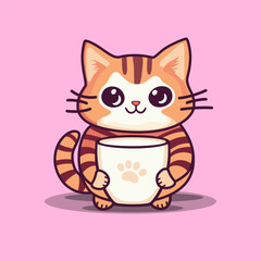 Cute Little Cat with milk vector illustration. Cute red kitten holding  glass with milk in his paws