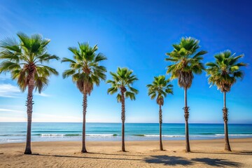 Fototapeta premium Minimalist palm trees and coastal blue sky beachfront landscape