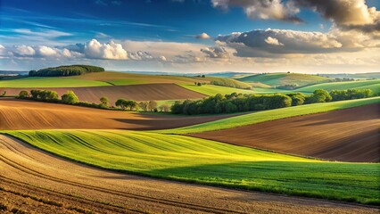 Obraz premium Minimalist panoramic view of high hill agriculture fields
