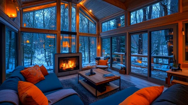 Modern cabin with large windows, a cozy fireplace, and a tranquil winter forest view. Seamless looping 4k video background
