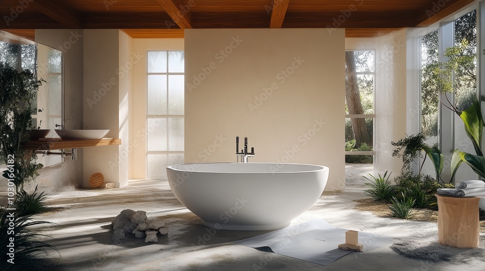 Wall mural Modern Minimalist Bathroom Interior with Freestanding Bathtub, Large Windows, and Natural Plants.