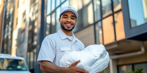  Smiling delivery worker holding white package outside modern building, wearing white uniform and cap, ready for efficient and friendly service.