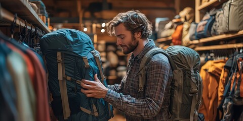  Retail associate in outdoor gear store helping customer try on hiking backpack in adventurous scene.
