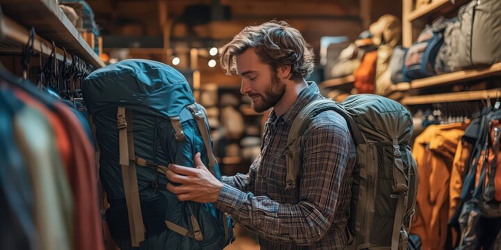  Retail associate in outdoor gear store helping customer try on hiking backpack in adventurous scene.