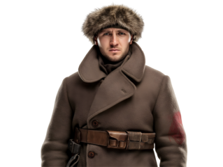 front view of a soviet red army soldier from world war ii in heavy winter coat and fur hat, military portrait for cold weather combat reenactment and historical wartime representation
