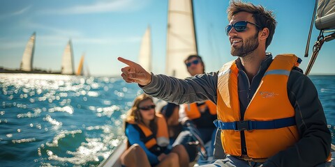  Sailing instructor teaching students how to steer at helm of small sailboat in scenic photo.