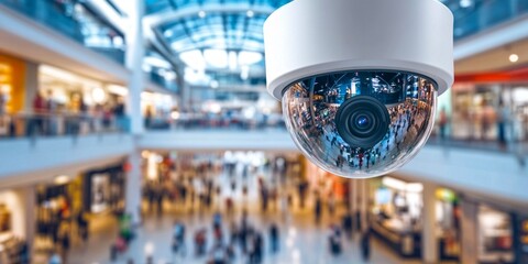 Surveillance camera mounted in a modern shopping mall. The bright interior highlights the hustle and bustle of shoppers below. This image reflects security and monitoring aesthetics. AI