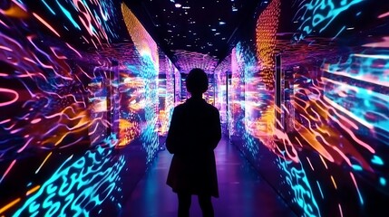 A mesmerizing shot of a figure standing in awe as vibrant colors and shapes dance before them in a 3D projection mapping show, showcasing the breathtaking beauty of cuttingedge technology.