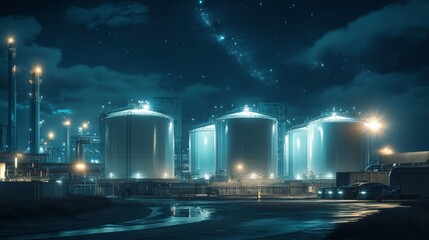 Bright industrial scene at night with glowing storage tanks and a starry sky above the factory area