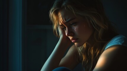 A young woman reflects deeply, emotions visible on her face, caught in soft light, showcasing vulnerability and thoughtfulness.