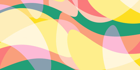 A vivid abstract design featuring flowing layers of yellow, red, green and pink translucent geometric shapes. The smooth curves create a modern, dynamic composition for backgrounds or design elements.