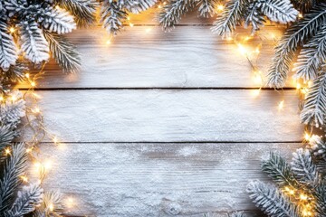 Frosty pine branches and glowing lights surrounding a snowy wooden background, perfect for festive themes.