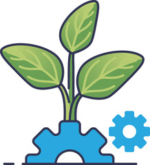 A plant growing from a gear symbolizes eco-friendly technology.