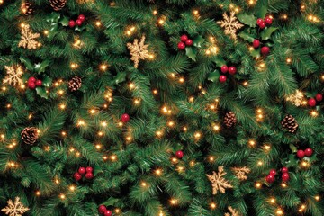 Christmas pine branches artificial holly leaves with red berries, pinecones, and glowing lights on a dark background.