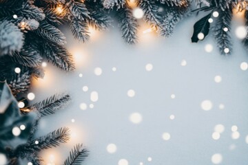Snow-covered pine branches and glowing lights forming a frame on a starry soft blue background.