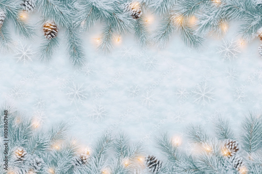 Canvas Prints snow-covered pine branches and glowing lights forming a frame on a starry soft blue background.