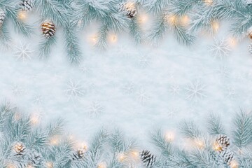 Snow-covered pine branches and glowing lights forming a frame on a starry soft blue background.