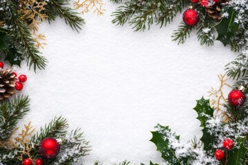 Snowy pine branches with red berries and golden snowflakes framing a frosted white background.
