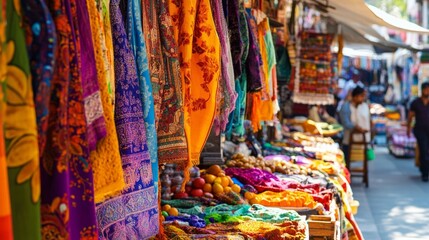 Colorful fabrics and textiles line the market, showcasing vibrant patterns and rich hues in a lively street scene.