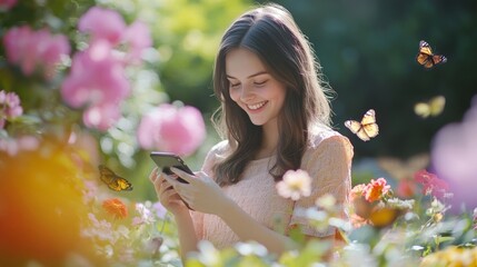 Woman Enjoying Nature and Technology in a Colorful Flower Garden with Butterflies Nearby