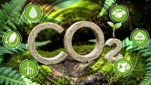 CO2 on Green Moss Background.ESG,Net Zero.CO2 reduce.Green energy zero emission carbon co2 reduction graph charts,circular economy for future growth of business and design to reuse and renewable mater