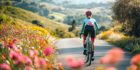  Person in brightly colored cycling gear riding along quiet countryside road, cutting through crisp morning air.