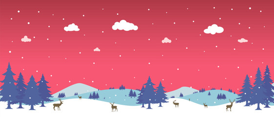 Red Christmas background, winter forest landscape. For greeting cards, New Year banner with fir trees in the snow, snowy forest and reindeer.