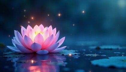 Glowing lotus flower on dark background with magical light