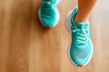 Athletic shoes on wooden floor, dynamic view