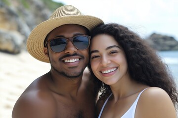 Obraz premium A man and woman are smiling and posing for a picture on a beach. The man is wearing a straw hat and sunglasses, while the woman is wearing a white tank top. Scene is happy and carefree