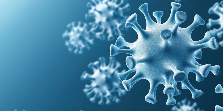 A close up of a virus with a blue background. The virus is surrounded by a blue halo