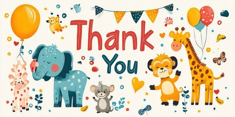 Fototapeta premium Playful animals thank you in a bright and cheerful design, featuring giraffes, elephants, monkeys, and balloons, with a festive, party-like atmosphere of joy and gratitude.