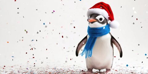 Fototapeta premium A penguin wearing a red hat and blue scarf stands on a pile of confetti. The image conveys a festive and playful mood, as the penguin is dressed up for a holiday celebration