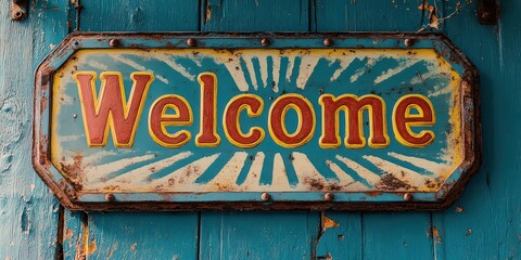  Vintage-inspired "Welcome" sign with retro typography in muted shades of teal, mustard, and coral.