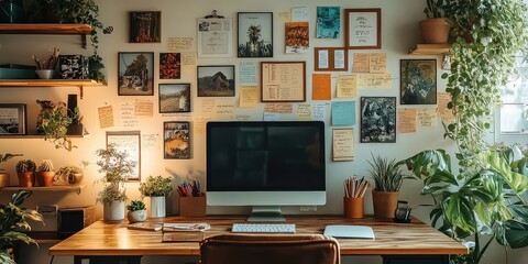  Cozy home office setup with computer, plants, books, and inspirational wall filled with art, notes, and photos. Warm lighting creates a creative, productive atmosphere.
