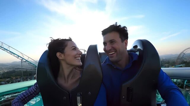 Thrilled couple enjoy cool roller coaster ride amusement luna park. People on twisting red yellow rollercoaster. Fun adventure. Fast speed extreme riding. Adrenaline rush. Scary attraction for adult.