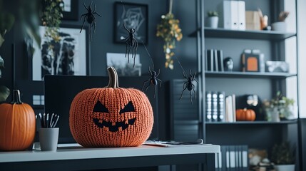 Spooktacular orange pumpkins carved with eerie faces glow in a window, casting an autumnal aura for Halloween festivities