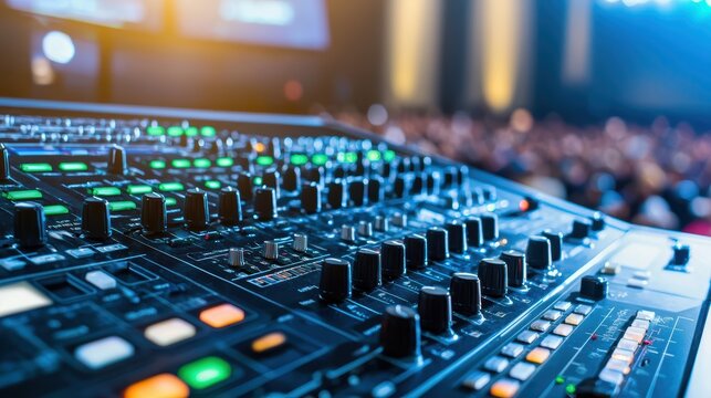 Professional Workers Setting Up Audio-Visual Equipment and Lighting in Contemporary Conference Hall