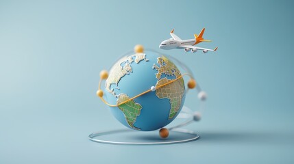Naklejka premium Global Connectivity: 3D Rendered Globe with Animated Flight Paths and Shipping Lanes Intersecting Continents